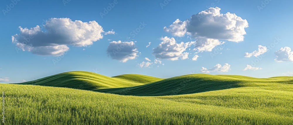 Obraz premium A serene landscape of rolling green hills under a bright blue sky with fluffy clouds.