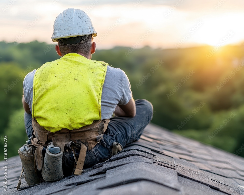 Construction Worker Resting on Roof at Sunset Construction Worker Resting on Roof at Sunset