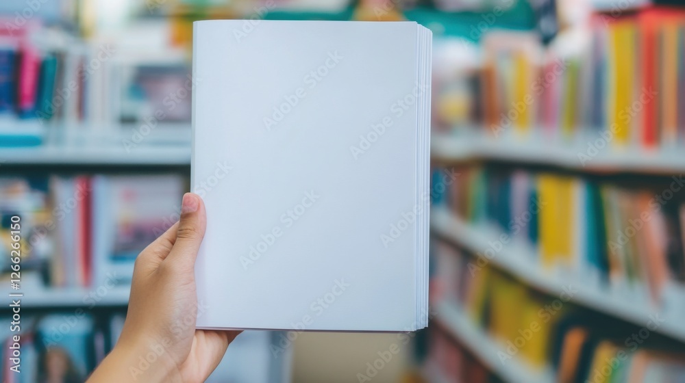 blank book in hands against bookstore background