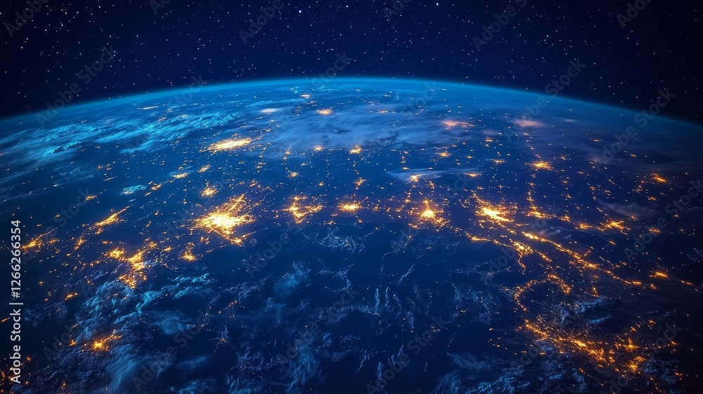 Obraz premium Earth at Night: A Stunning View from Space, Featuring City Lights and Atmospheric Glow Under a Starry Expanse