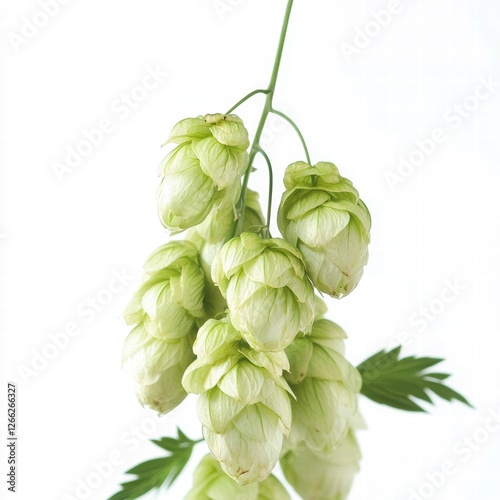 Close-Up Photograph of Vibrant Green Hop Flower Cluster Against a White Background photo