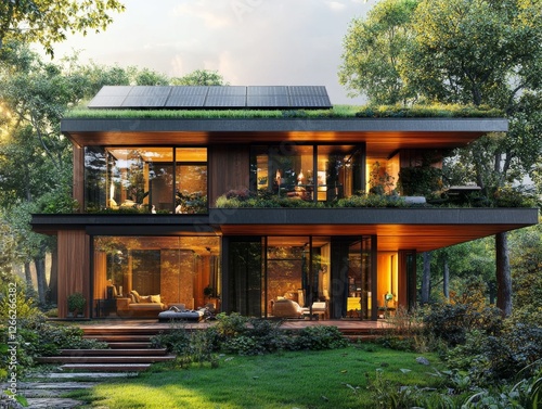 Eco-Conscious Modern Home: A Sustainable Haven Blending Nature with Architectural Design, Featuring Solar Panels, Green Roof, Large Windows, and Lush Surroundings.