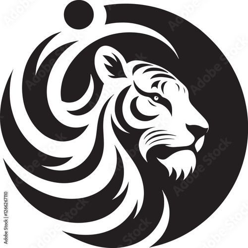 Stylized tiger head in circle.