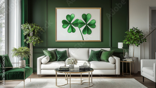 Festive St Patrick’s Day living room with shamrock theme, white sofa, green accents, and gold decor