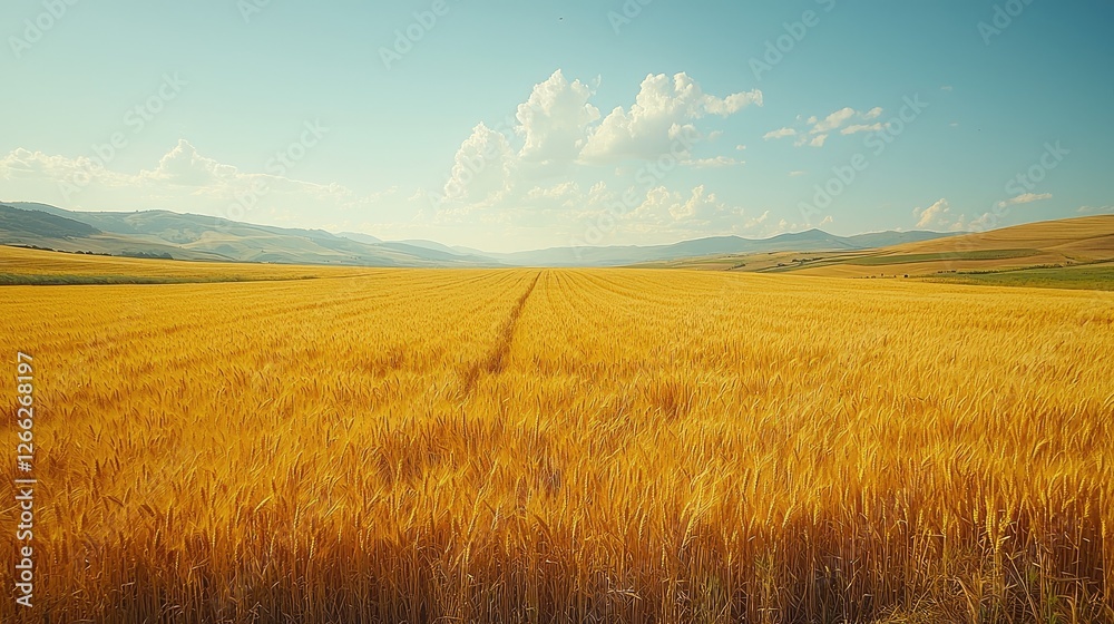 Golden wheat field under a blue sky with fluffy clouds, showcasing agricultural beauty and tranquility Golden wheat field under a blue sky with fluffy clouds, showcasing agricultural beauty and tranquility