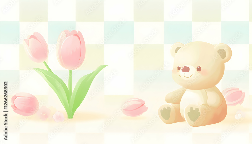 Adorable illustration of a teddy bear and pink tulips against a pastel checkered background, perfect for baby shower invitations or nursery decor. Adorable illustration of a teddy bear and pink tulips against a pastel checkered background, perfect for baby shower invitations or nursery decor.