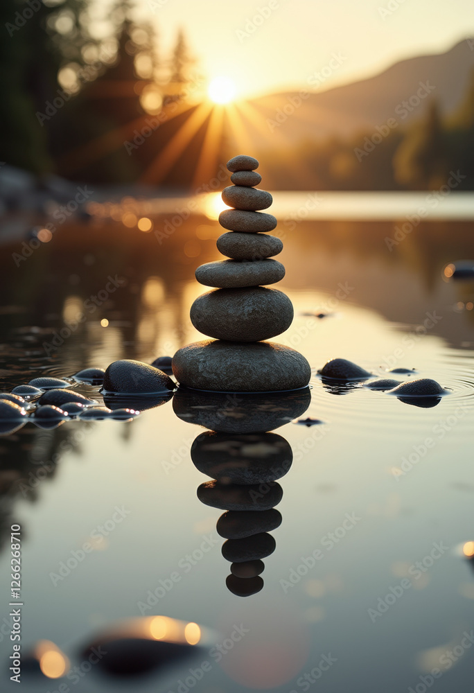 Stone Stack Reflection in Calm Lake at Sunset Stone Stack Reflection in Calm Lake at Sunset