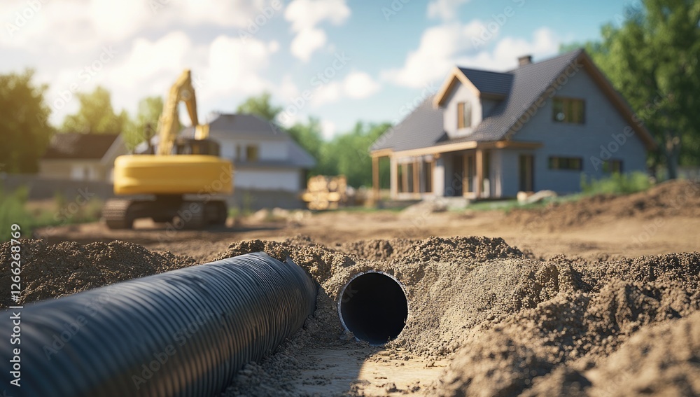 New Home Construction Site - Excavation with Drain Pipe New Home Construction Site - Excavation with Drain Pipe