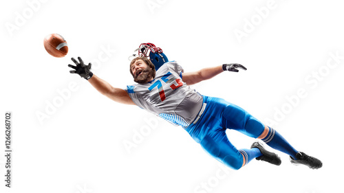 American football player catches the ball in the air. Sport emotion. Falls and tries to reach the ball. Sportsman in action. American football. Isolated