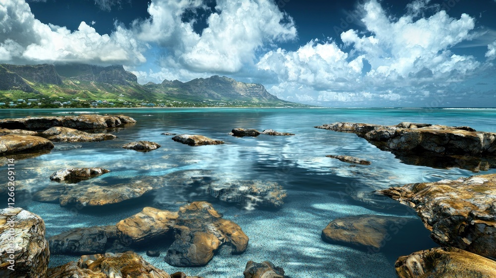 Obraz premium Tropical island coastline, calm azure waters, rocky shallows, dramatic clouds