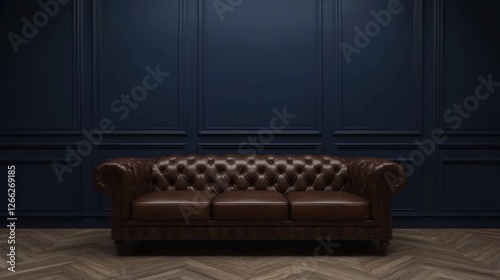 brown leather chesterfield sofa against dark blue wall