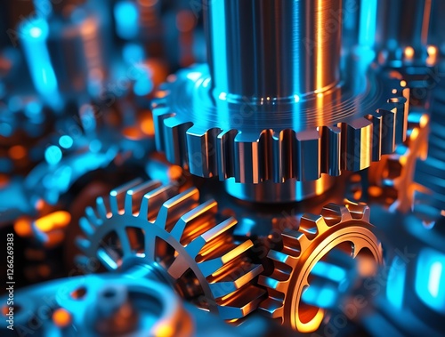 High-tech industrial gears in synchronized motion, illuminated by futuristic lighting, emphasizing mechanical efficiency, manufacturing processes, and modern engineering advancements

 photo