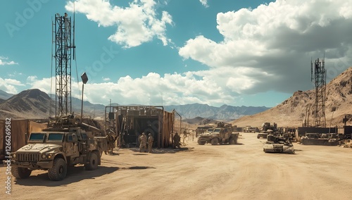 Military vehicles in desert base camp under clear sky