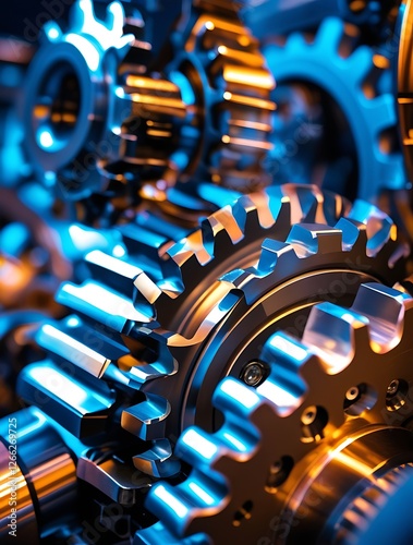 Intricate close-up of interlocking metal gears in a mechanical system, illuminated by blue and orange lighting, showcasing industrial precision, engineering, and technology in motion

