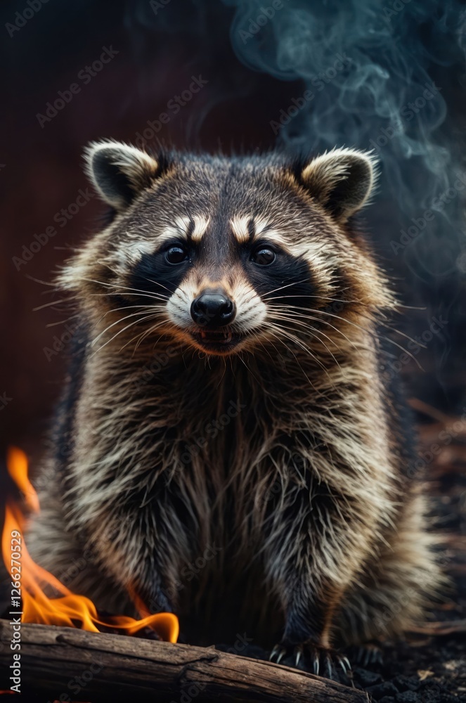 A raccoon sits amidst smoke and flames, creating a dramatic and captivating scene. A raccoon sits amidst smoke and flames, creating a dramatic and captivating scene.