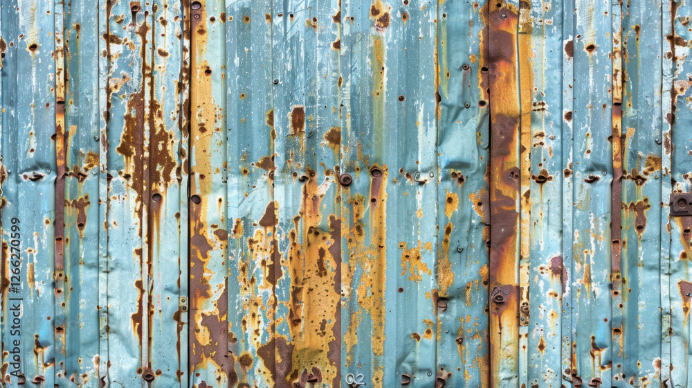 Rusty blue metal wall with peeling paint and weathered texture, showcasing vintage industrial look. surface features various shades of blue and rust, creating interesting visual pattern