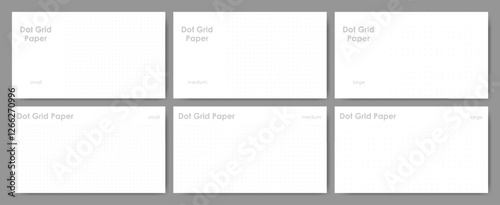 Set of 16:9 dot grid notebook paper with title spaces, includes 3 grid size variations. Light gray dots on white base.