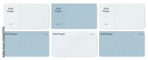 Set of 16:9 grid notebook paper with title spaces, includes 3 grid size variations. Muted pastel blue colors.
