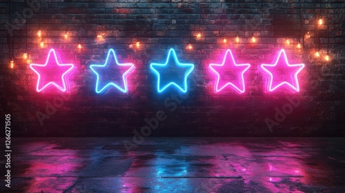 Neon Starry Night: A Vibrant Display of Illuminated Five-Pointed Stars Against a Rustic Brick Wall, Reflected in a Gleaming Floor with String Lights Above