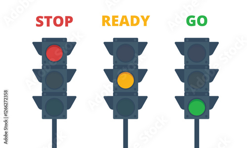 Traffic lights set with red, yellow, and green signal and text label for stop, ready, and go 