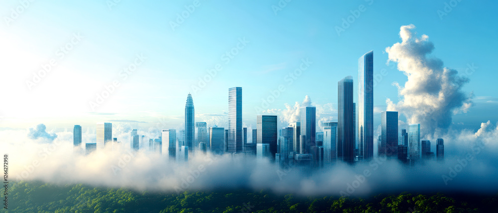Fototapeta premium A modern skyline emerges through clouds, showcasing tall skyscrapers against a bright blue sky, symbolizing urban development and innovation.