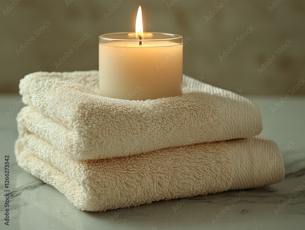 Soft Serenity: Lit Candle on Stack of Plush Towels Creating a Relaxing Spa Atmosphere, Emphasizing Comfort, Warmth and a Tranquil Ambiance for Self-Care Moments Soft Serenity: Lit Candle on Stack of Plush Towels Creating a Relaxing Spa Atmosphere, Emphasizing Comfort, Warmth and a Tranquil Ambiance for Self-Care Moments