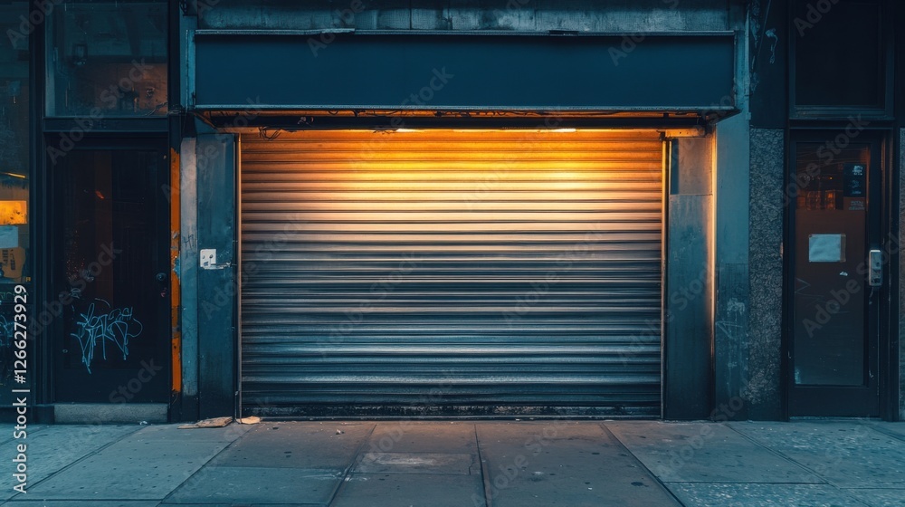closed metal roll-up gate at night closed metal roll-up gate at night