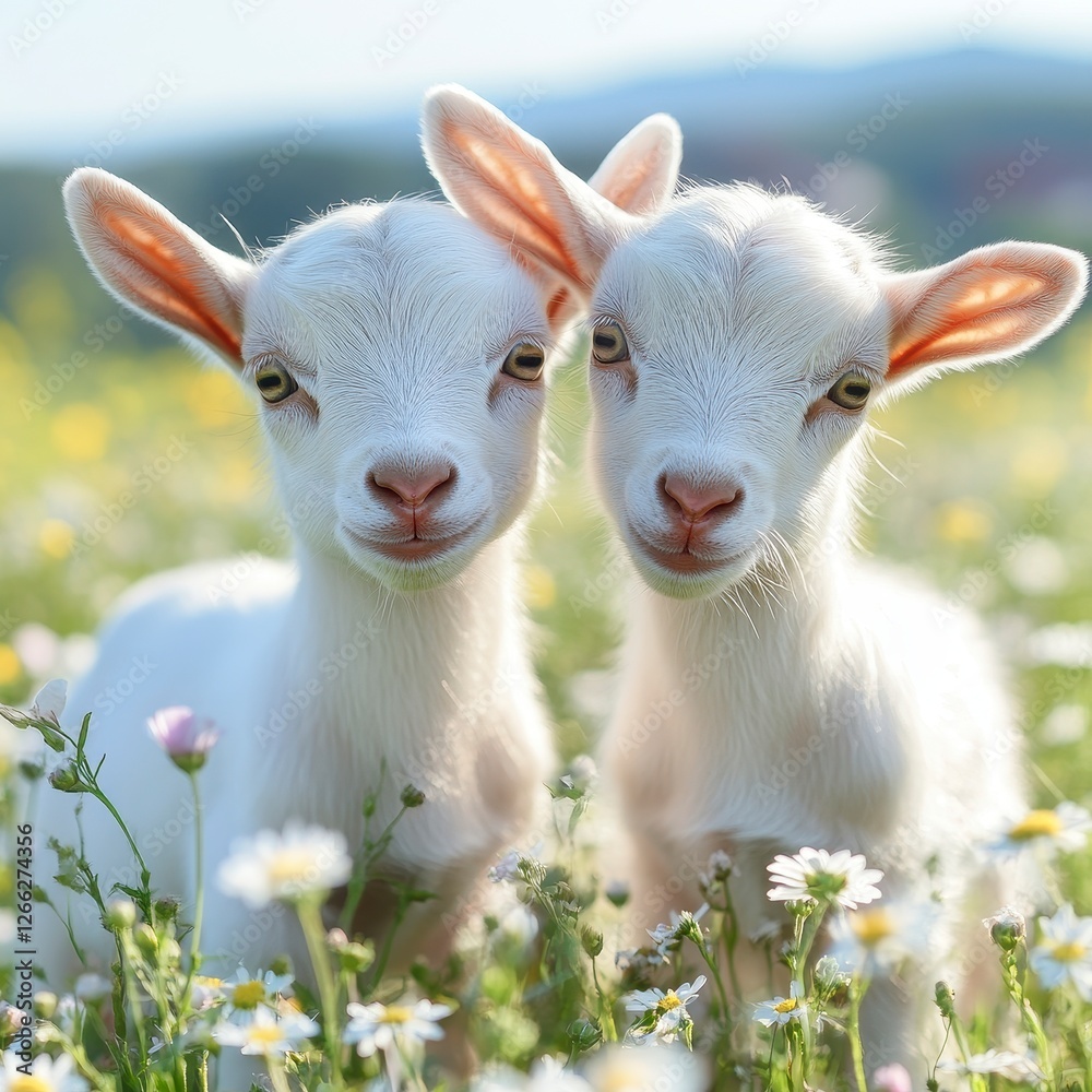 Obraz premium Adorable White Baby Goats in a Daisy Field