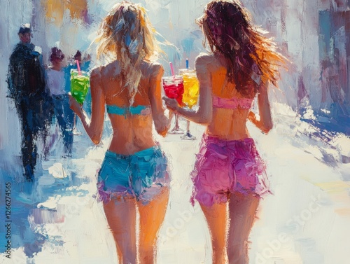 Two Sun-Kissed Friends Strolling with Refreshing Drinks: A Vibrant Palette Knife Impression of Summer Joy and Carefree Moments in Abstract Style.