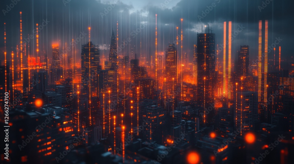 Fototapeta premium Futuristic city, digital rain, network, nighttime, data streams, skyscraper, urban, technology, background, website