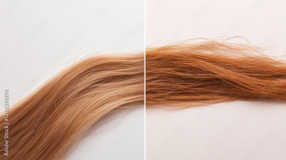Fototapeta premium Comparison of healthy smooth hair strand versus brittle damaged hair strand to emphasize hair care importance. Generative AI