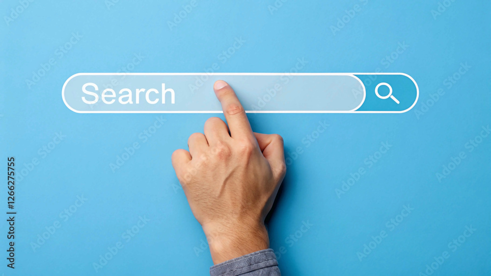 Finger presses the search button in the search bar on a blue background,hand, screen, digital, business Finger presses the search button in the search bar on a blue background,hand, screen, digital, business