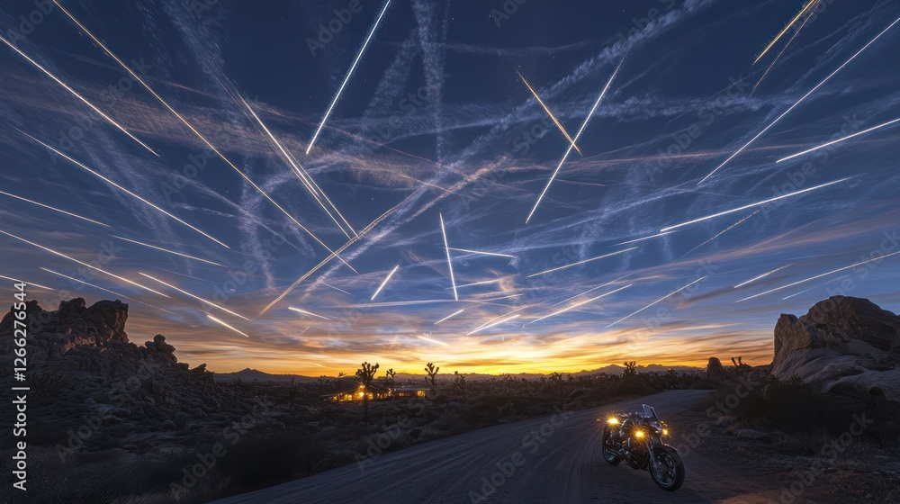 Desert Highway Motorcycle Sunset Contrails Desert Highway Motorcycle Sunset Contrails