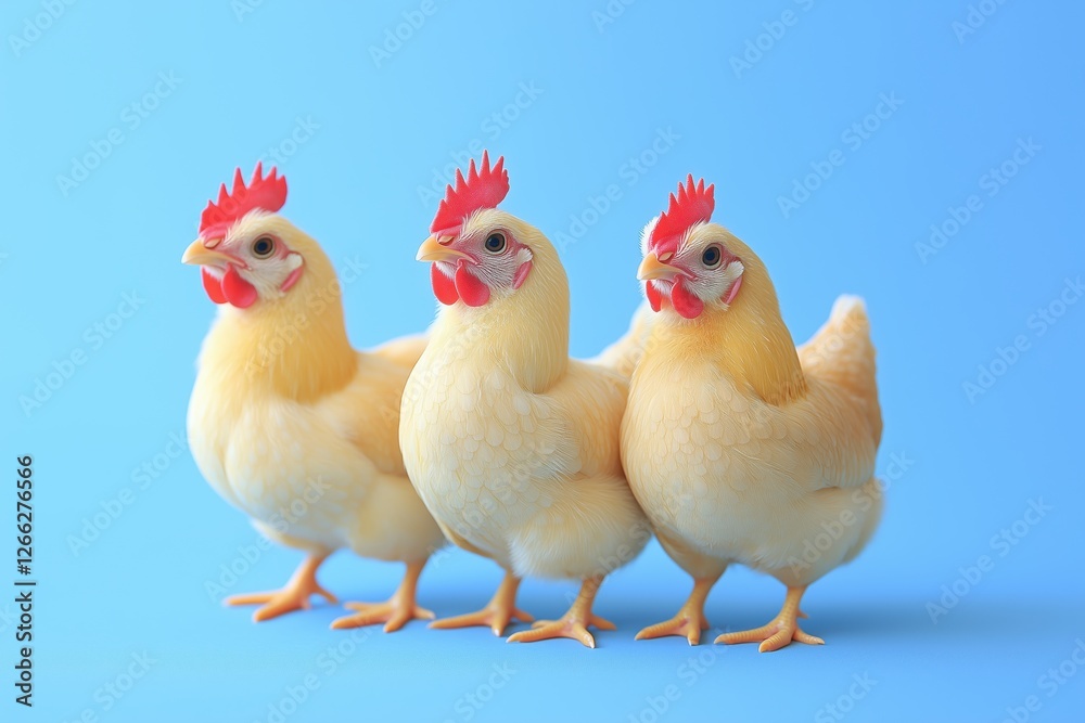 Fototapeta premium Three cute yellow chickens with red combs standing in a row against a light blue background.