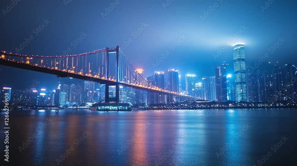 Obraz premium A scenic bridge in a famous tourist city, stretching over a calm river with reflections of glowing city lights. 