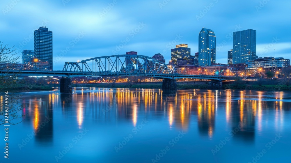 Naklejka premium A scenic bridge in a famous tourist city, stretching over a calm river with reflections of glowing city lights. 