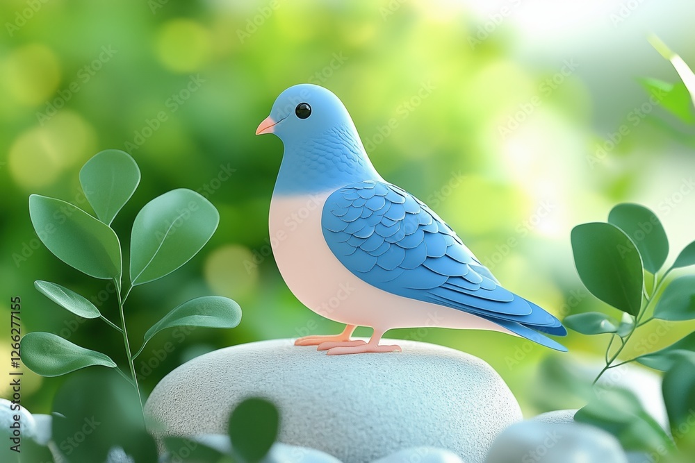 Obraz premium A cute, stylized blue bird with a white belly perched on a smooth stone, surrounded by green foliage and soft, blurred background, creating a serene atmosphere.
