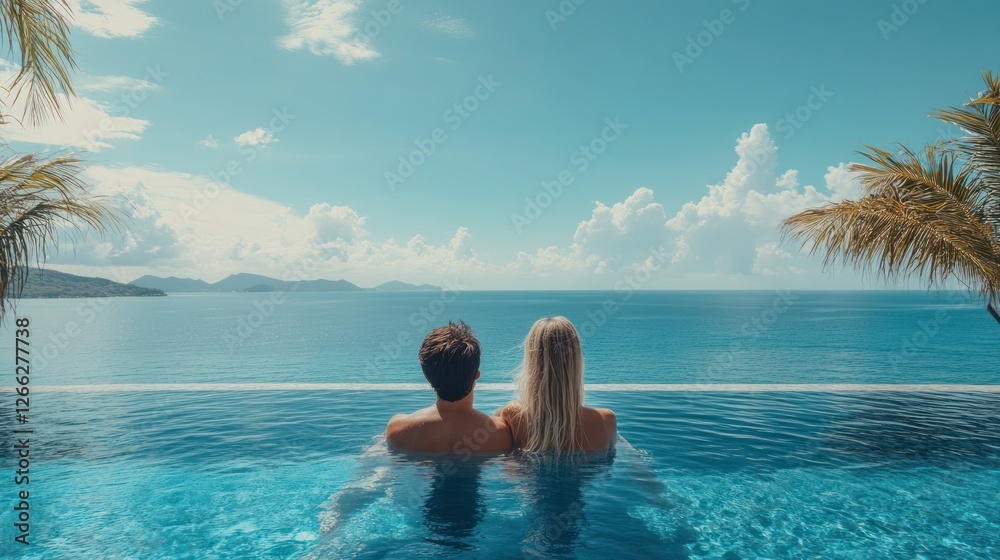Couple relaxing in infinity pool, ocean view, tropical paradise, vacation Couple relaxing in infinity pool, ocean view, tropical paradise, vacation