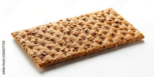 A single crispbread cracker, studded with seeds, rests on a pristine white surface, showcasing its textured pattern and golden-brown hue.
