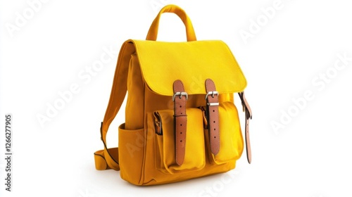 yellow canvas backpack with leather straps photo