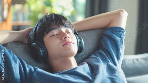 teenager relaxing on couch listening to music with headphones