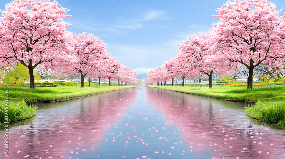 Serene spring landscape featuring a canal lined with blossoming pink cherry trees, petals floating on the water, under a vibrant blue sky. Serene spring landscape featuring a canal lined with blossoming pink cherry trees, petals floating on the water, under a vibrant blue sky.