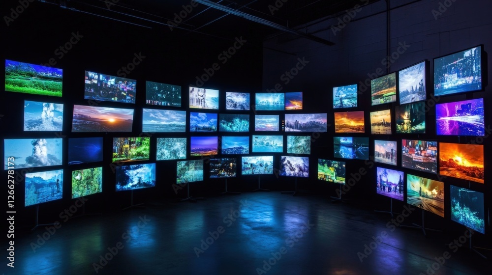 An HDR video playback setup in a darkened room where an array of monitors contrast sharply against the low light all showcasing diverse scenes with high contrast and a wide gamut of An HDR video playback setup in a darkened room where an array of monitors contrast sharply against the low light all showcasing diverse scenes with high contrast and a wide gamut of