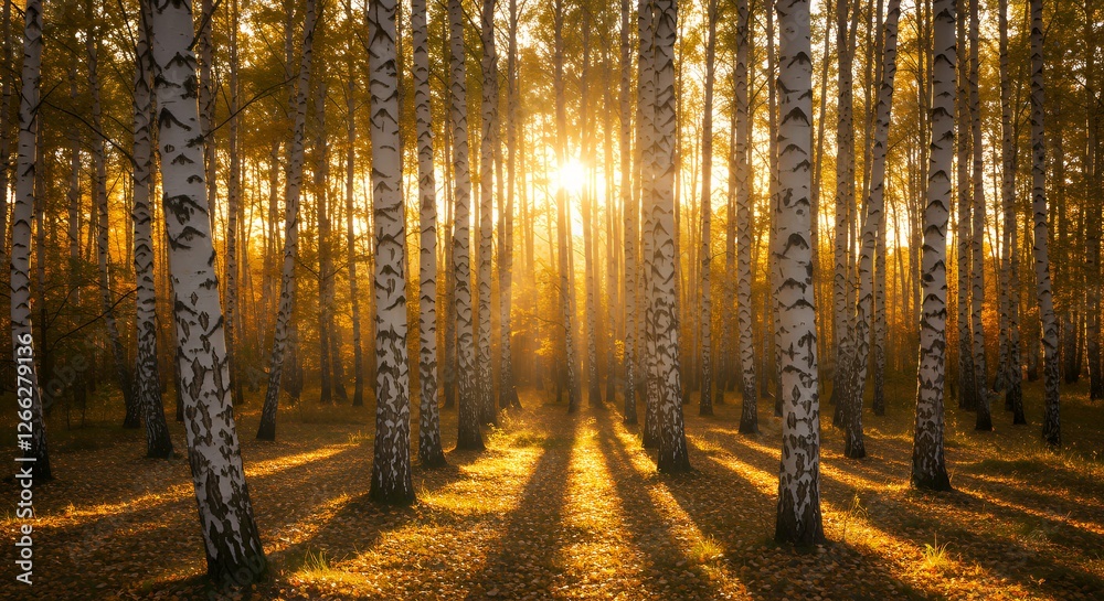 Obraz premium Golden Sunlight Through Birch Tree Forest with Autumn Leaves