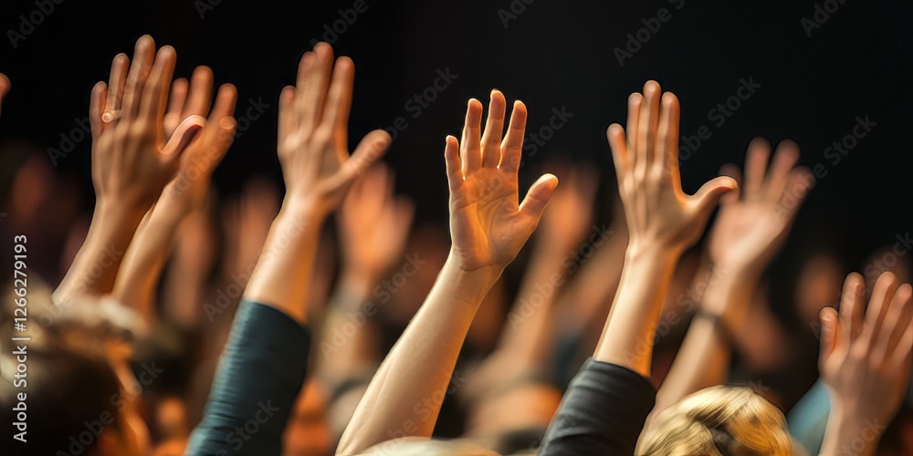 Audience raising hands in a darkened room Audience raising hands in a darkened room