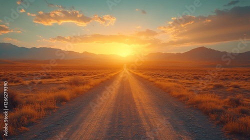 Golden Hour Journey: A Desert Road Beckons Towards a Vibrant Sunset, Embraced by Distant Mountains and Whispering Clouds, Evoking Serenity.