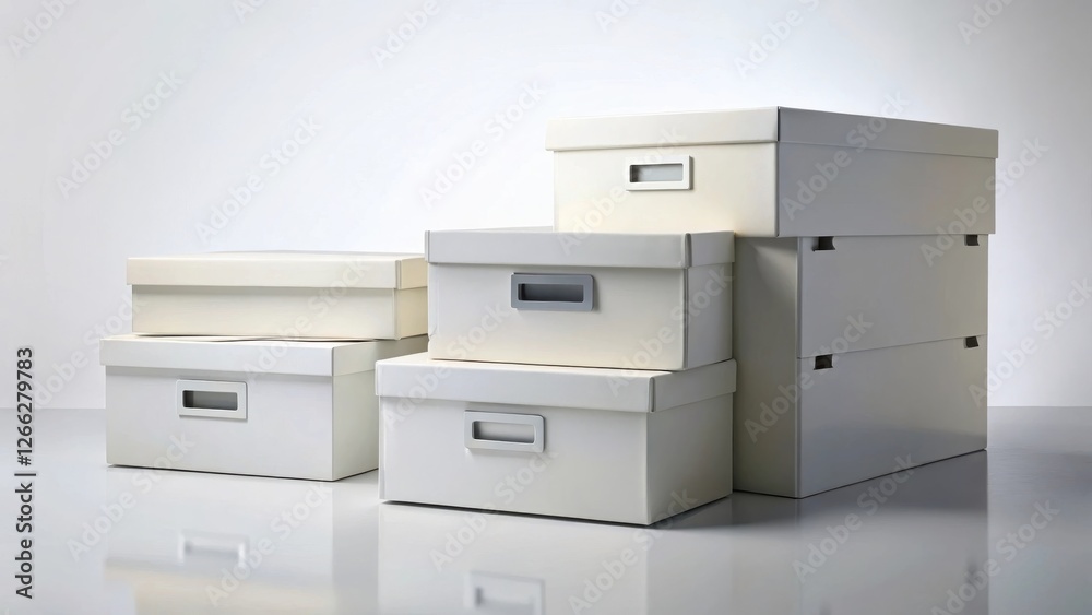 Stack of blank white storage boxes with inset handles, organized neatly on a reflective surface Stack of blank white storage boxes with inset handles, organized neatly on a reflective surface