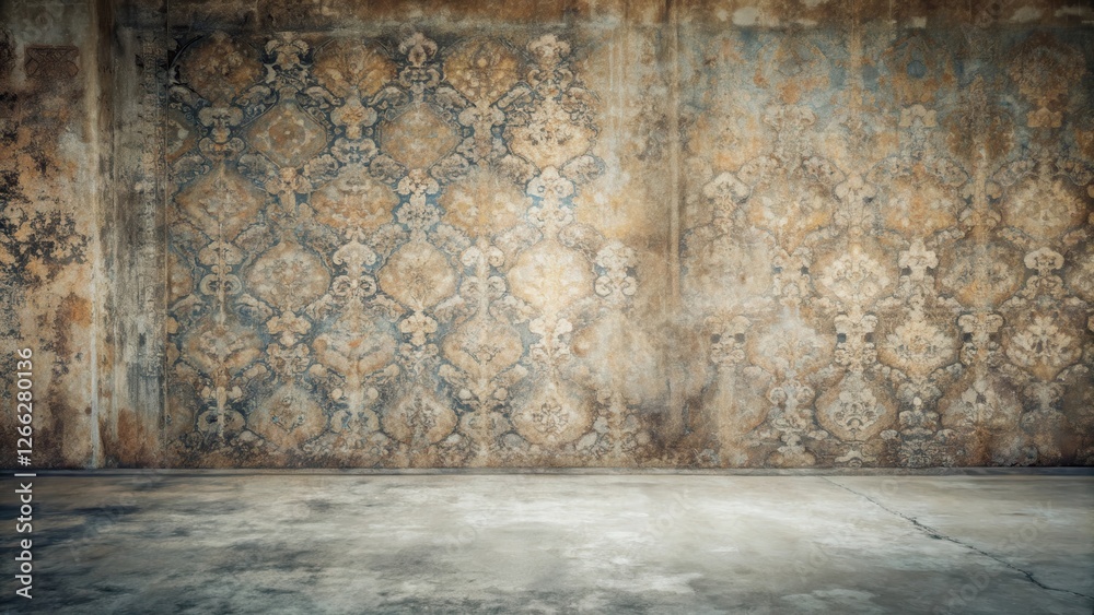 Fototapeta premium A Room with Aged, Ornate Wall and Weathered Concrete Floor, Ideal for Vintage or Historical Settings
