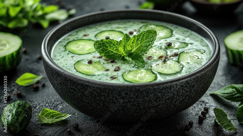 Fresh cucumber soup garnished with mint leaves, served in a dark bowl with herbs in background Fresh cucumber soup garnished with mint leaves, served in a dark bowl with herbs in background