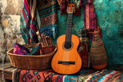 Andean guitar, textiles, artisan crafts, market stall, South America photo